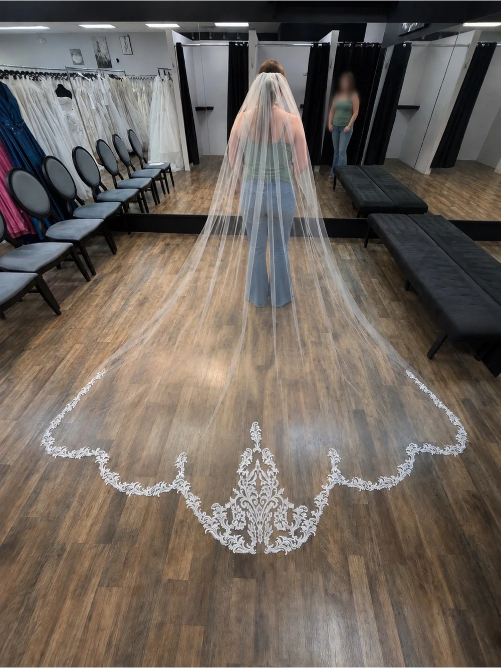 David's Bridal White Cathedral Veil with Lace Appliqué Hem